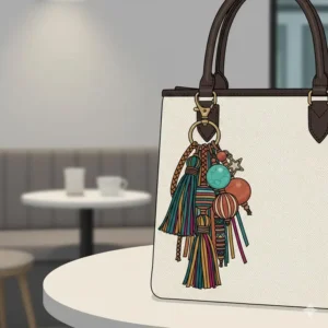 A stylish and decorative large keychain used as a chunky charm on a designer handbag.