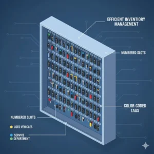 Systematic organization of car keys inside a numbered dealership key box.