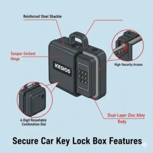 Detailed technical illustration highlighting the reinforced steel security features of automotive key lock boxes