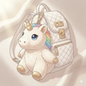 A cute and soft plush toy keychain big size attached to a trendy backpack.