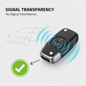 Diagram showing signal waves passing through signal-friendly key covers for car keys to demonstrate zero interference.