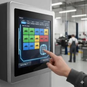 Close-up of a digital touchscreen interface on an automated dealership key cabinet used by service departments.