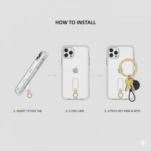 Step-by-step guide on how to install a cell phone key ring into a phone case.