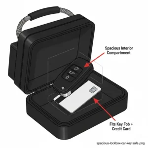 Illustration showing the interior compartment of a car lockbox for keys fitting a large key fob.