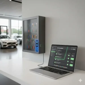 A car dealer key box integrated with tracking software on a laptop screen.