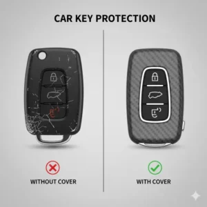 A comparison illustration showing a worn-out remote versus a new key protected by key covers for car keys.