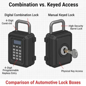 A comparative illustration between digital code and manual key access systems for automotive key lock boxes.