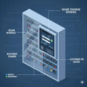 A smart electronic interface with a secure touchpad on a dealership key box.