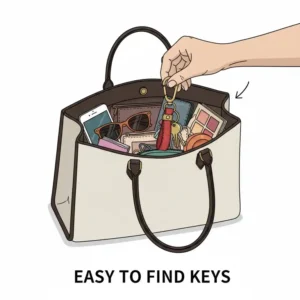 : An illustration showing how easy it is to locate a large keychain inside a deep and crowded bag.