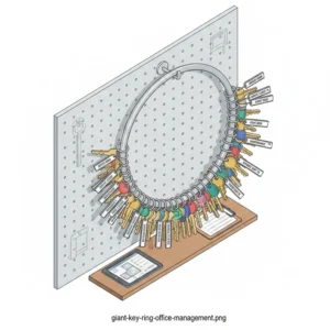 A giant key ring organizing dozens of labeled keys for office or property management.
