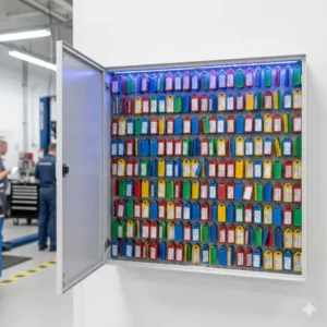 Interior view of an organized dealership key cabinet with rows of color-coded vehicle key tags.