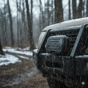 A weatherproof vehicle key lock box mounted on a front bumper during heavy rain and snow conditions.