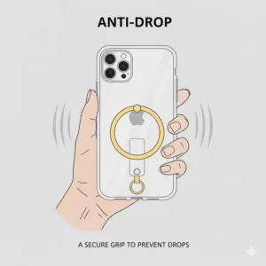Illustration showing a hand securely holding a smartphone using a cell phone key ring.