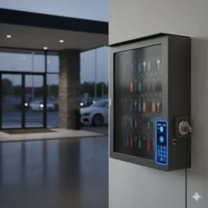 Heavy-duty outdoor car dealer key box used for valet and service department management.