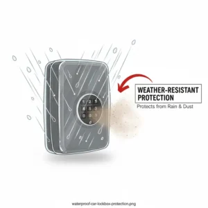 An illustration of a weather-resistant cover protecting a car lockbox for keys from rain and dust.