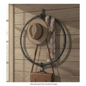 An oversized decorative giant key ring used as a wall-mounted hook for accessories.