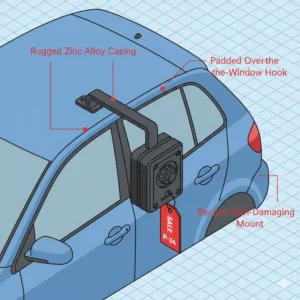 An illustration of the specialized over-the-window mounting bracket used for automotive key lock boxes.