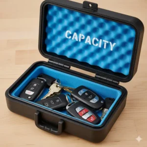 An open vehicle key lock box showing enough internal capacity to hold multiple fobs and keys.