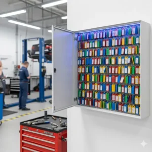 A compact service bay dealership key cabinet mounted on a wall for quick technician access to car keys.