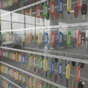 Detailed view of organized color-coded tags inside a car dealer key box.