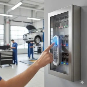 Employee using biometric fingerprint scanning to unlock a secure dealership key cabinet in a workshop.