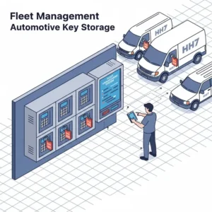 A conceptual illustration showing organized fleet vehicle management using multiple automotive key lock boxes.