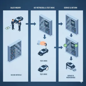 Workflow diagram illustrating how staff access a dealership key box during sales.