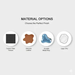 Icon set displaying different material options for key covers for car keys including TPU, leather, and silicone.