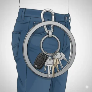 Illustration of a giant key ring with an integrated carabiner for easy belt attachment.