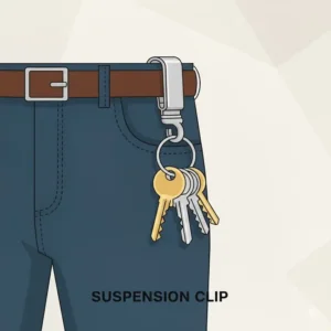 A stainless steel suspension clip used to hang keys at the top of a pocket to avoid bulk at the bottom, providing an organized solution for key carry.