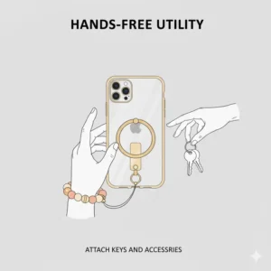 A beaded wrist strap connected to a cell phone key ring for easy carrying.