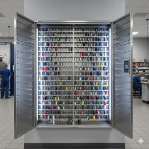 A large-scale high-capacity dealership key cabinet capable of holding hundreds of vehicle remotes and fobs.