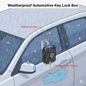 An illustration demonstrating the durable and weatherproof exterior coating of automotive key lock boxes.