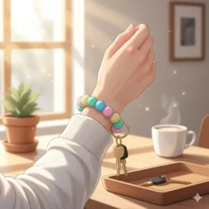 A functional silicone bead wristlet keychain big diameter for convenient hands-free carrying.