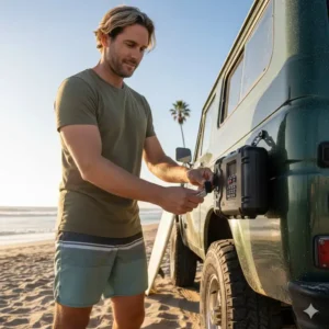 A surfer using a vehicle key lock box attached to their car to secure keys while at the beach.
