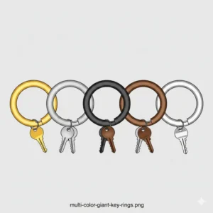 A collection of giant key ring products in different metallic finishes like gold and silver.
