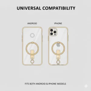 Graphic demonstrating that this cell phone key ring is compatible with all phone models.