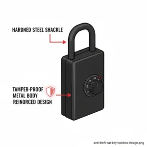 Illustration of a car lockbox for keys attached to a door handle, ideal for surfers and hikers.
