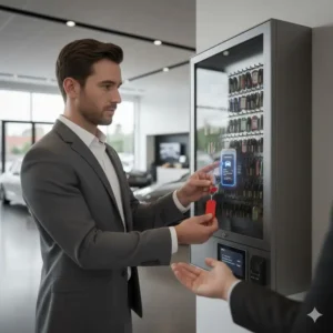 Salesperson accessing a car dealer key box to retrieve keys for a customer test drive.