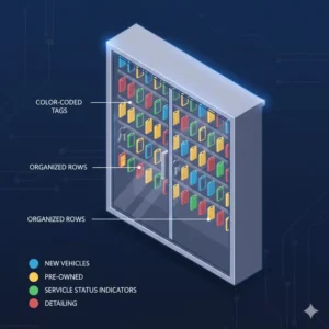 Close-up view of organized color-coded key tags inside a dealership key box.