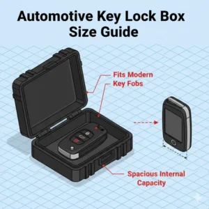 A precise size guide illustration showing the internal storage capacity of automotive key lock boxes for smart fobs.