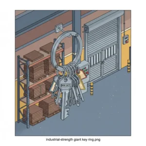 A heavy-duty giant key ring used in a warehouse setting to secure gate and locker keys.