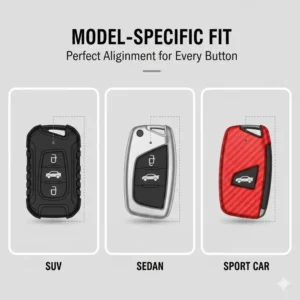 Technical illustration showing custom-fit key covers for car keys designed to match specific vehicle remote layouts.