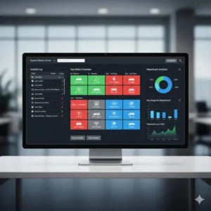 Computer monitor displaying software integration for a dealership key cabinet with real-time tracking and reporting logs.