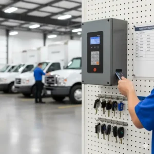 A wall-mounted vehicle key lock box in a commercial garage used for organized fleet management.
