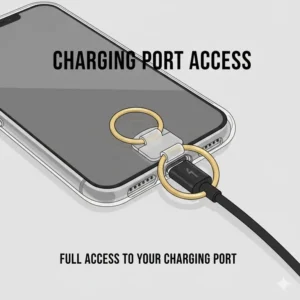 Illustration showing that the cell phone key ring does not block the charging cable.