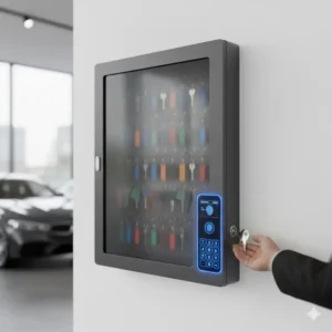 Illustration of the manual emergency override lock on a digital car dealer key box.