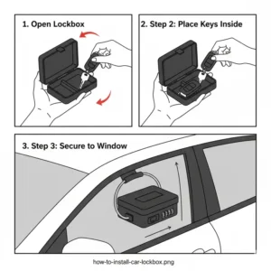A simple step-by-step guide illustration showing how to install a car lockbox for keys on a window.