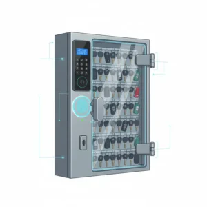 Illustration of a car dealer key cabinet featuring a digital keypad and biometric security access.