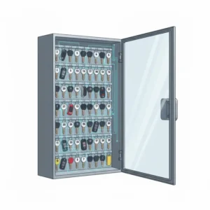 Interior layout of a high-capacity car dealer key cabinet with numbered hooks for fleet management.
